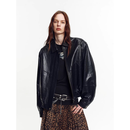 付智恩 时髦录客 进口油蜡绵羊皮真皮皮衣复古工装松紧夹克外套女新款 黑色. 独特泡泡肌理植鞣绵羊皮 M