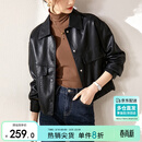 尚都比拉干练帅气经典百搭翻领口袋设计机车夹克女皮衣 黑色 L 