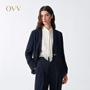 OVV2026春夏新款女装醋酸混纺面料简洁无领设计休闲西服 藏青 L