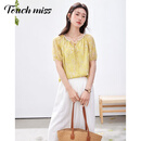 塔驰密司（touchmiss）法式度假风碎花雪纺衫女2026年夏季新款蕾丝花边泡泡短袖上衣 黄花色 M