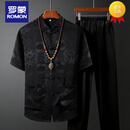 罗蒙唐装男士套装夏季短袖中国风男装爸爸装中式老人爷爷太极服夏 黑色 M 165
