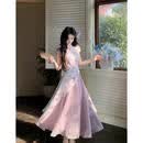 BLOVELAN幻紫流云 新中式改良暗纹印花旗袍收腰琉光纱大摆连衣裙 丁香紫（连衣裙 M