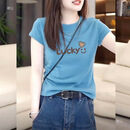 海蓝色显白短袖恤女夏季新款修身显瘦圆领套头时尚洋气上衣JL 蓝色【Lucky】 L 建议105-115斤
