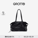 GROTTO个乐26年新款黑石托特包羊皮大容量短途差旅时尚行李收纳袋 经典黑L