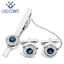 UGO CONTI意大利时尚水晶袖扣男士法式轻奢定制西装衬衫袖口扣简约 银色套装 (礼盒装)