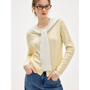 ELLE【100%绵羊毛】法式绞花针织开衫女2026春季新款飘带领毛衣 黄色 M