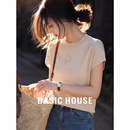 百家好（Basic House）百家好法式圆领短袖针织衫刺绣T恤上衣女装2026夏季 杏色 L