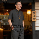 花花公子（PLAYBOY）夏季短袖衬衫男士唐装中国风中式衬衣复古风半袖茶服上衣 黑色 M 110-140斤