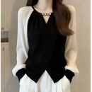 【轻奢定制】大码女装遮肚子小香风正肩春秋款显瘦长袖打底衫上衣 黑白拼色 2XL 建议110-125斤