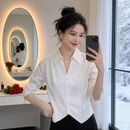 【轻奢定制】时髦百搭POLO领白色衬衫女春季显瘦气质设计感上衣 珍珠白【高定版】 L 【 建议100-118斤】