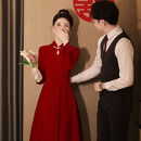 Libaixin新中式改良年轻款长袖旗袍红色订婚礼服回门小个子新娘结婚敬酒服 酒红色 M 建议90-100斤