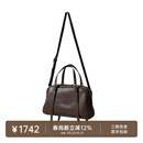 裘真植鞣头层羊皮悠悠保龄球包女复古休闲大容量手提单肩包 咖啡色肩带款-羊皮