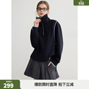 ELLE藏青色拼接大翻领卫衣女2026春季新款高级感小众通勤休闲上衣 藏青 L