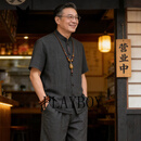 花花公子（PLAYBOY）香云纱衬衫春秋季短袖真丝桑蚕丝立领套装男士中国风衬衣两件套 黑色 M 【110-140斤穿】