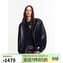 付智恩 时髦录客 进口油蜡绵羊皮真皮皮衣复古工装松紧夹克外套女新款 黑色. 独特泡泡肌理植鞣绵羊皮 S