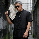 花花公子夏季立领短袖真丝T恤男唐装复古中国风男式上衣中山装桑蚕丝体恤 黑色 L 110-120斤