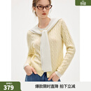 ELLE【100%绵羊毛】法式绞花针织开衫女2026春季新款飘带领毛衣 黄色 S