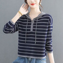 春秋装连帽条纹针织衫女2026新款洋气减龄女装短款打底衫上衣女YT 灰色 XL 【120-130斤】