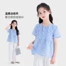 图图小象女童衬衫短袖T恤2026夏装新款儿童格纹小衫娃娃衫甜美透气上衣 天蓝色 140 身高约140cm