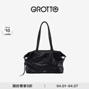 GROTTO个乐26年新款黑石托特包羊皮大容量短途差旅时尚行李收纳袋 经典黑L