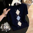 【商场品质】2026春季新款菱格纹印花圆领洋气显瘦减龄针织T恤 黑色 3XL 建议135-150斤