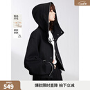 ELLE黑色绵羊毛撞色连帽短外套女2026春季新款新年宽松休闲通勤风上衣 黑色 M