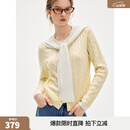 ELLE【100%绵羊毛】法式绞花针织开衫女2026春季新款飘带领毛衣 黄色 M