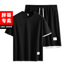 坦野夏季大码男士假两件短袖T恤短裤两件套加肥加大胖子休闲运动套装 黑色+黑色 套装 XL 建议(170斤-220斤)