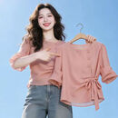 【早春特惠】优雅风粉色长袖条纹衬衫女2026春夏新款设计感T恤 橘粉色 L 建议110-120斤