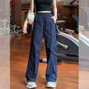 美式速干阔腿裤子女2026夏季高腰显瘦垂感大码松紧休闲裤 藏青 L 【建议110-125斤】