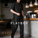 花花公子（PLAYBOY）短袖唐装男士套装夏季中国风男装中式衬衫薄款复古装汉服 黑色 M (39) 100-120