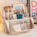 化妆包收纳大容量便携外出旅行收纳包多层可立式挂行李箱镜子包 米白色【可挂行李箱】