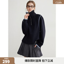 ELLE藏青色拼接大翻领卫衣女2026春季新款高级感小众通勤休闲上衣 藏青 M