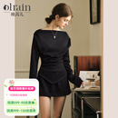 Olrain欧芮儿黑色时尚套装女春季新款一字领不规则两件套 黑色 M