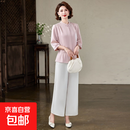 中老年女装松紧腰显瘦裤子2026新款洋气妈妈夏装中袖衬衫两件套装 粉色套装 XL 建议90-105斤