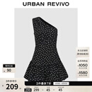 UR2026夏季新款女装魅力复古波点褶皱斜肩连衣裙UWG760016+ 黑色印花 M