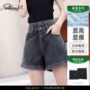 萨拉维夫高腰牛仔短裤女2026夏季新款显瘦宽松卷边潮四分裤 黑灰色短裤 26