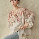 束皙SUSHE 柔栖 法式田园 数码印花玫瑰抽褶系带灯笼袖超火减龄雪纺衫 花吟粉 S