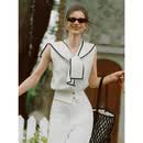 ELLE撞色海军领披肩无袖针织短袖女2026春新款收腰设计感毛衣开衫 白色 M