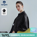 Navigare意大利小帆船真皮羊皮皮衣女士春秋季小立领宽松落肩休闲外套女 暗夜黑 L