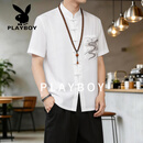 花花公子（PLAYBOY）夏季短袖唐装男士套装中国风男装中式衬衫复古盘扣半袖衬衣 白色套装 M 90-115