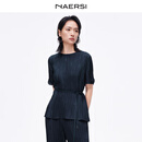 娜尔思（NAERSI）【桑蚕丝】简洁利落烫钻短袖/长裤套装26年夏季新款 暗青紫色-上装 XL