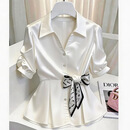 【品质甄选】女士雪纺衬衫女装夏季2026年新款短袖上衣收腰衬衣 白色 XL (110-120)斤