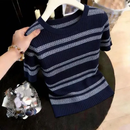 新款时尚气质高级感显瘦时髦条纹短袖针织T恤上衣爆款 图片色 均码  【建议体重80-145斤】