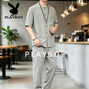 花花公子（PLAYBOY）2026唐装男中国风套装夏季短袖t恤中老年男士休闲汉服薄款 绿色 单件 M 90-115