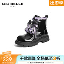 百丽（Belle）甜酷风马丁靴女童冬季新款商场同款撞色蝴蝶结短靴T8980D95 黑色/紫 29