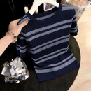 莱赛尔天丝新款时尚气质高级感显瘦时髦条纹短袖针织T恤上衣爆款 XL 115-130斤