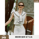 ELLE撞色海军领披肩无袖针织短袖女2026春新款收腰设计感毛衣开衫 白色 M