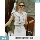 ELLE撞色海军领披肩无袖针织短袖女2026春新款收腰设计感毛衣开衫 白色 S