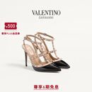 华伦天奴VALENTINO[礼物]女士 ROCKSTUD 漆皮铆钉高跟鞋凉鞋 黑色/粉色 38